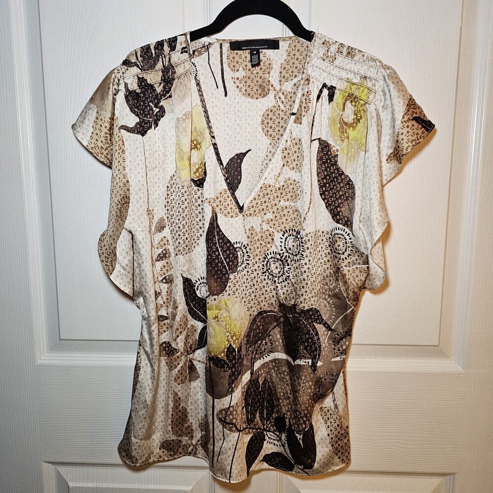 White House Black Market Silk Blouse Brown and Yellow Floral Print Medium